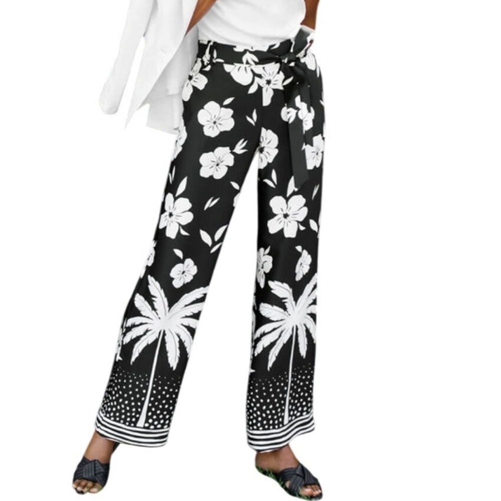 Talbots XL Tie Waist Wide Leg Pants Palm Beach Border‎ Floral Black Resortwear